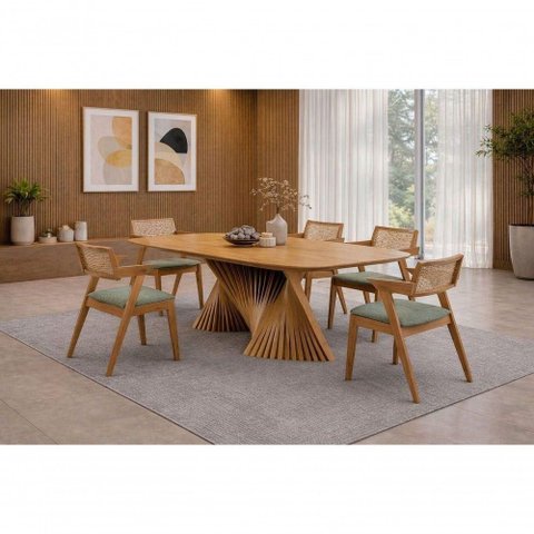 Conjunto de Jantar Opala 6 Lugares Tampo em MDF com Assento Estofado Mel 180cm Sala Nobre