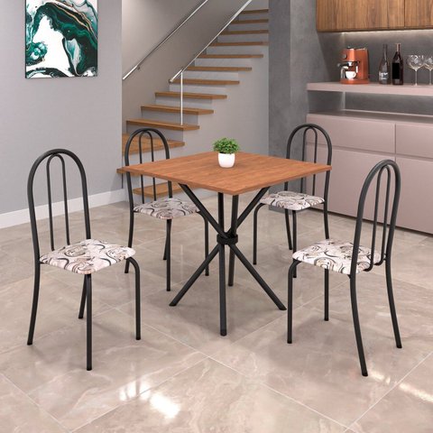 Conjunto de Mesa Tubular 70x70cm Tampo em MDF com 4 Cadeiras Ane B Preto/Arabesco
