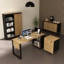Ver imagem 1 de Conjunto Escritório 5 Peças com 1 Escrivaninhas, 1 Gaveteiro, 1 Estante e 2 Armários Multiuso Preto Amêndoa 100% MDF