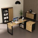 Ver imagem 1 de Kit Escritório 5 Peças com 1 Escrivaninhas, 1 Gaveteiro, 1 Estante e 2 Armários Multiuso