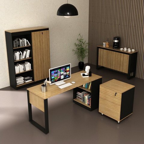 Conjunto Escritório 5 Peças com 1 Escrivaninhas, 1 Gaveteiro, 1 Estante e 2 Armários Multiuso Preto Amêndoa
