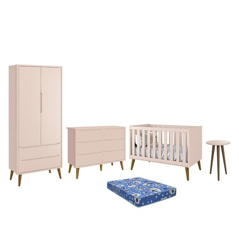 Dormitório Theo 2 Portas, Cômoda 6 Gavetas, Berço, Mesa de Canto Rosa Fosco com Pés Amadeirado e Col