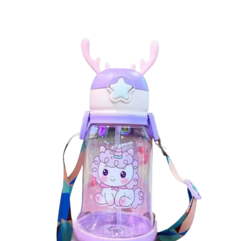 Garrafinha de Água Infantil 600ml com Canudo de Silicone:lilás - Unicórnio