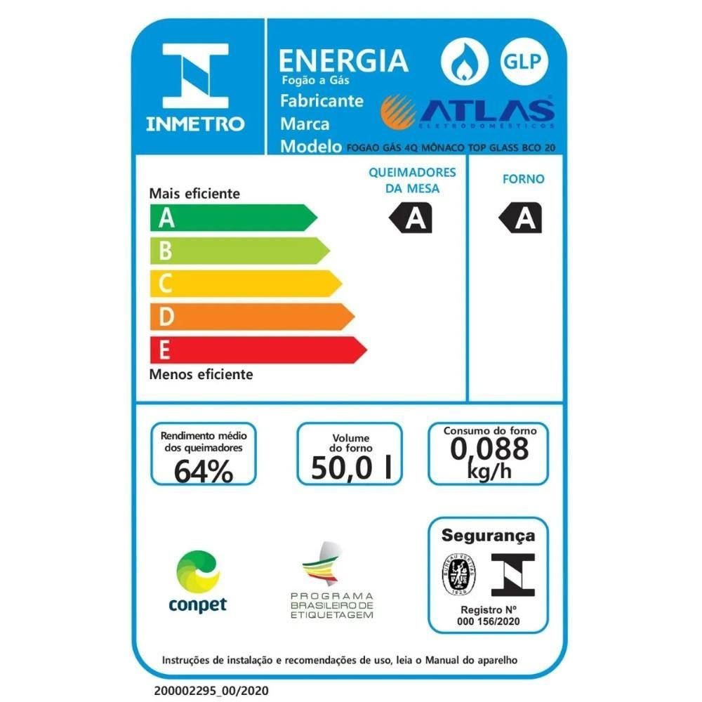 Fogão 4 Bocas Atlas Mônaco Plus Branco com Mesa de Vidro Top Glass - Bivolt - 6
