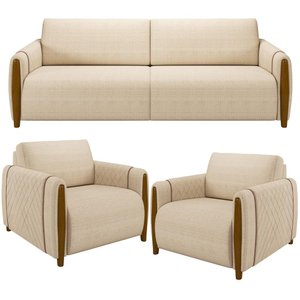 Kit Sofá 02 Lugares Sala Estar 168cm Com 02 Poltronas Flora Pés Madeira M03 Linho Bege - Lyam