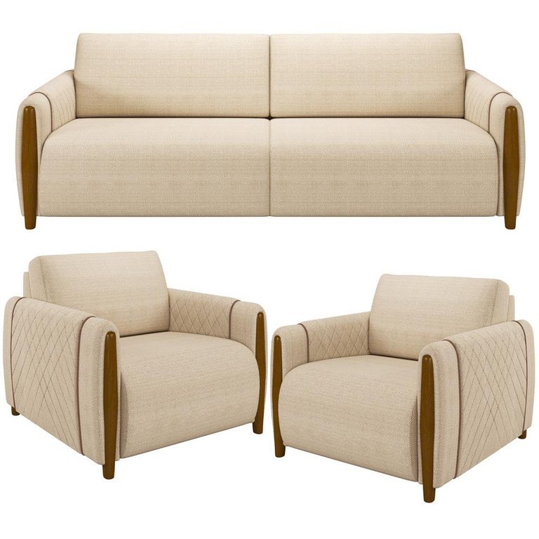 Kit Sofá 02 Lugares Sala Estar 168cm Com 02 Poltronas Flora Pés Madeira M03 Linho Bege - Lyam