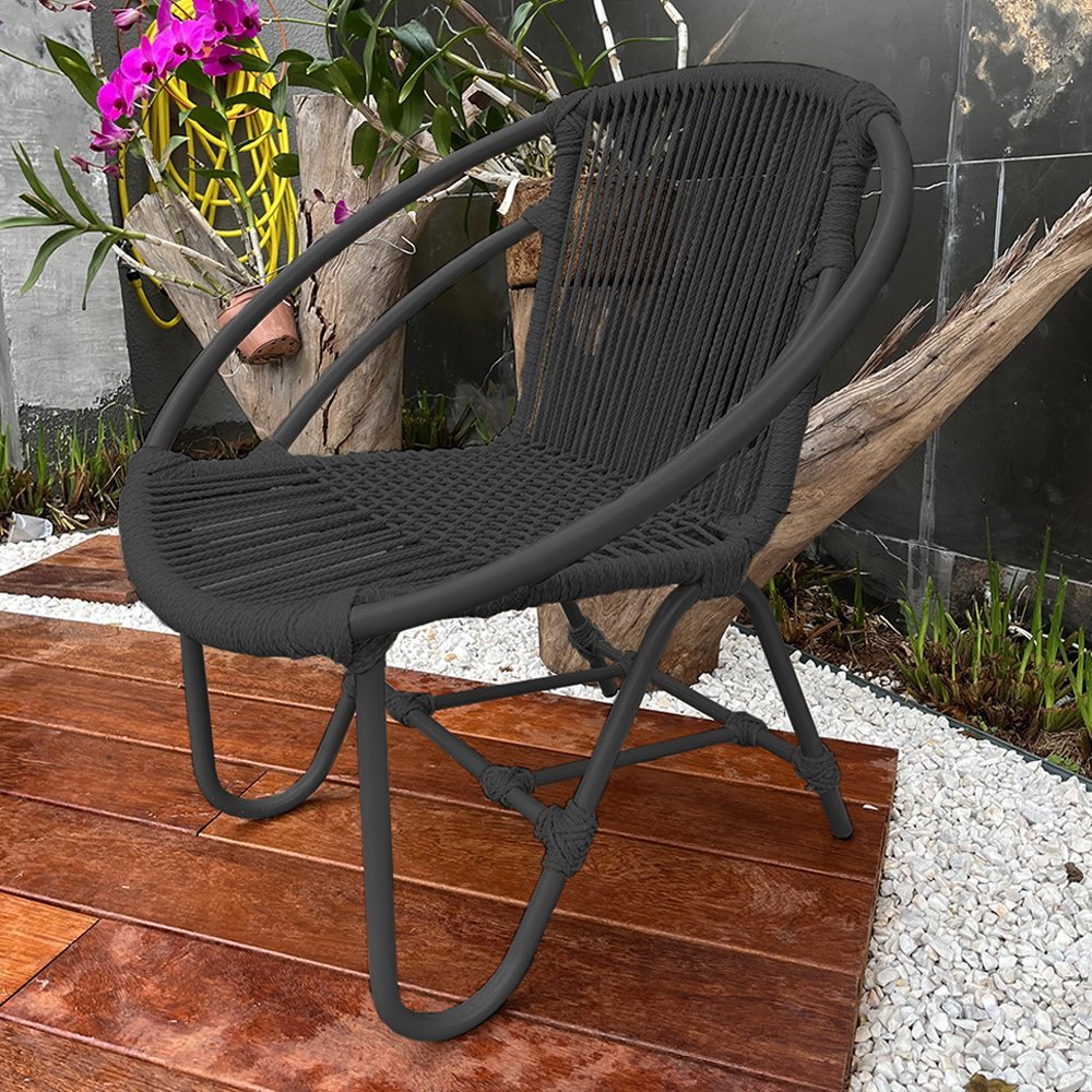 Cadeira Decorativa Julia em Corda Náutica e Base em Alumínio Preta/preta