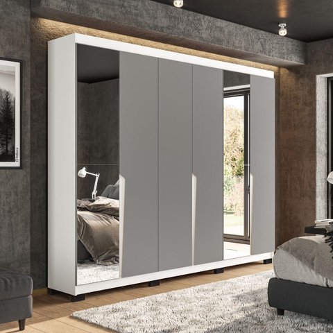 Roupeiro Casal Porto 6 Portas com Espelho 242x214cm Branco/Cinza 240848