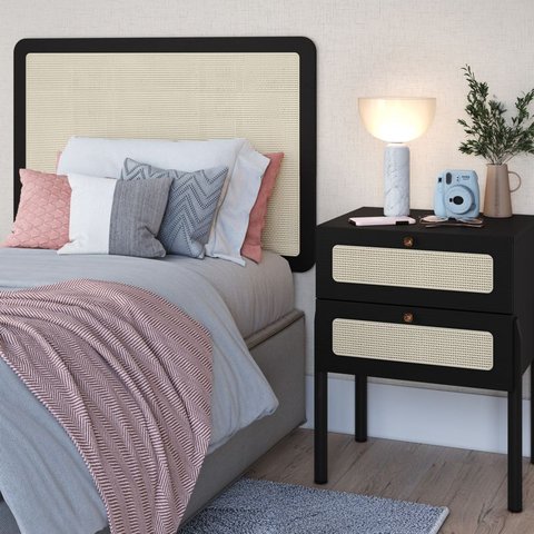 Conjunto Cabeceira Solteiro e Mesa de Cabeceira Palhinha Oslo Artesano |nero - Nero/preto