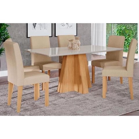 Conjunto: Mesa Sala Jantar Patricia C/ Tampo Madeirado C/ Vidro Canto Reto 160x80m e 6 Cadeiras Maia