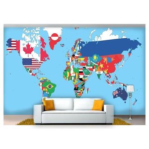 Papel De Parede Mapa Mundi Bandeiras Países Nmu06