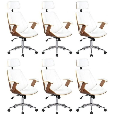 Kit 6 Cadeiras de Escritório Presidente Giratória com Apoia Cabeça Office Lisboa Branco/Marrom Rivatti