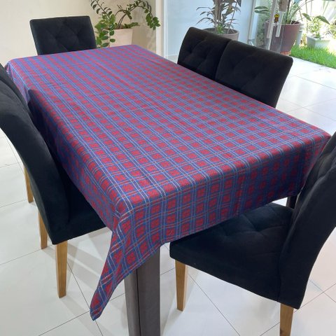 Toalha de Mesa Redonda em Jacquard Luxo Xadrez Azul - 2,80M
