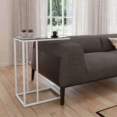 Mesa Lateral Industrial Encaixe Elena Vidro Branca Branco