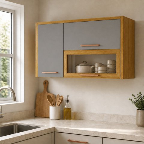 Armário Aéreo de Cozinha 3 Portas com Vidro Reflecta Demi Espresso Móveis Cinza/Cinamomo/Acetinado