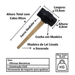 Marreta Cabo de Madeira Lixado Encerado Cunha Madeira 10kg - 2
