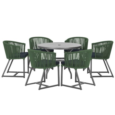 Mesa com 6 Cadeiras de Jantar Roma 120cm e Noronha em Alumínio Preto Corda Náutica Estofado 12 Trama