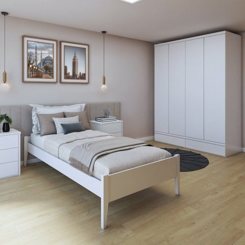Quarto Completo com Cama Solteiro 90cm Turca e Guarda-Roupa 4 Portas 5 Gavetas Urbano