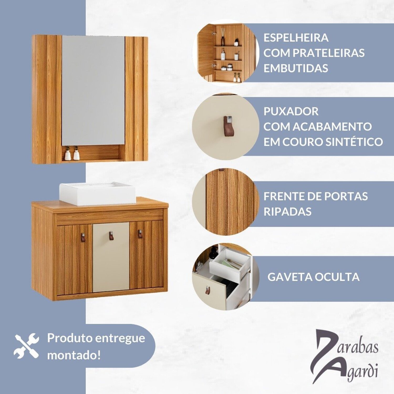 Conjunto Completo de Banheiro com Gabinete Espelheira e Cuba Sobrepor Laura 80 com - 7