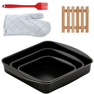 Jogo de Assadeira Quadrada 03 Peças Antiaderentes + Luva Térmica + Pincel Vermelho + Descanso de Pan