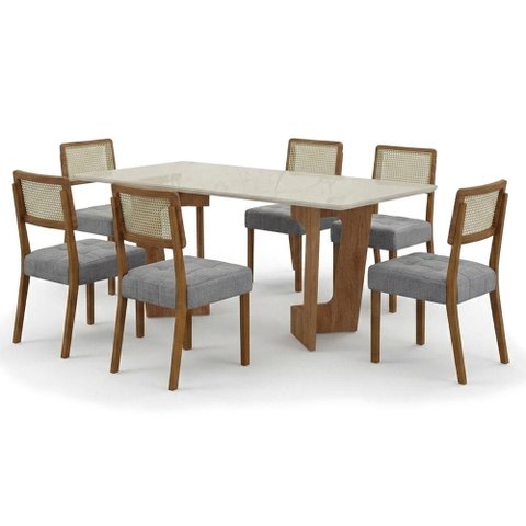 Mesa de Jantar Liz 160x80cm Vidro 25mm Cinamomo Off White com Kit 6 Cadeiras Linho Prata - Valdemóve