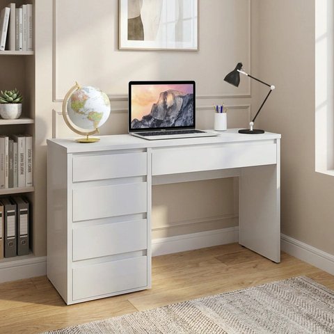 Escrivaninha Mesa de Escritório 100% MDF com 5 Gavetas 45 x 136cm Off White Casuá Berlim