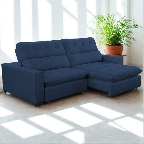 Sofa Retratil Reclinavel 2 Lugares 260cm Veludo Andreia Azul Marinho