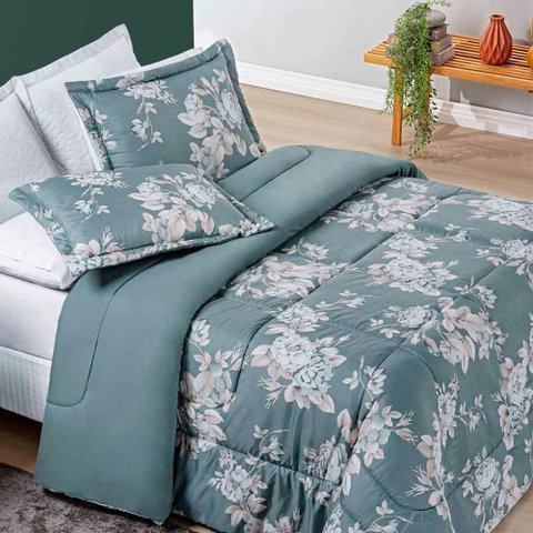 Kit Edredom Celi Queen Dupla Face Micropercal 200 Fios 3 Peças - Verde Floral