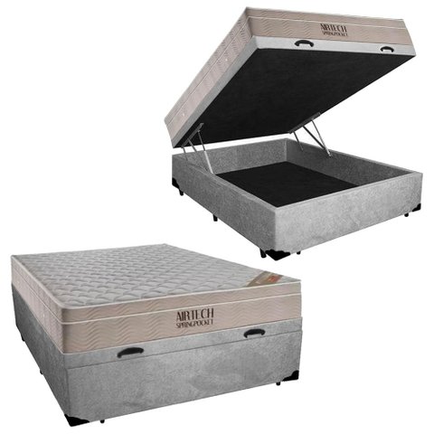 Cama Baú Casal Suede + Colchão Casal Ortobom Airtech Molas SpringPocket (65x138x188) Cinza