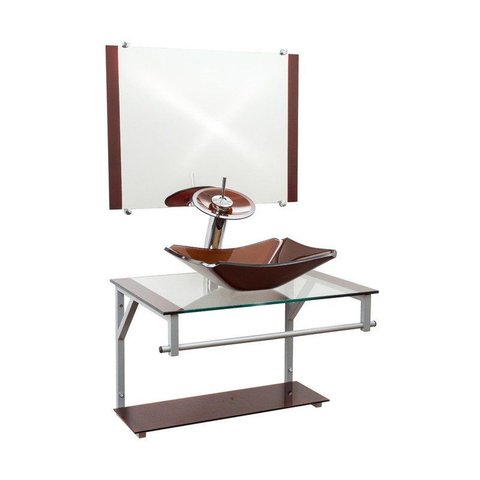 Gabinete de Vidro 60cm Cuba Chanfrada Marrom + Torneira Cascata - Dahora
