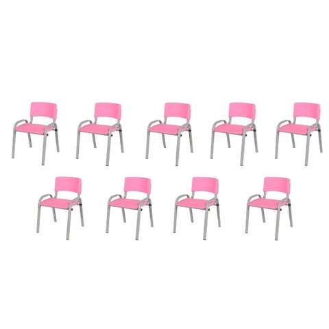 Kit 9 Cadeiras Infantil Iso, Escola, Base Cinza- Rosa