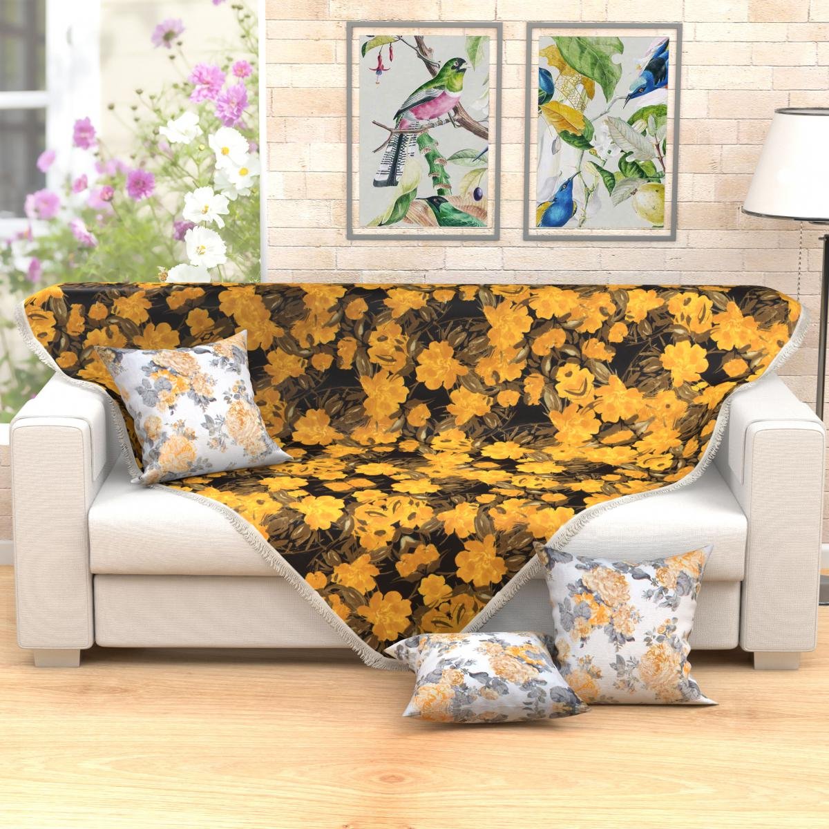 Jogo Manta de Sofá Floral Amarela 1,50m x 1,50m + 3 Almofadas Decorativas 45cm x 45cm com refil-Teci - 1