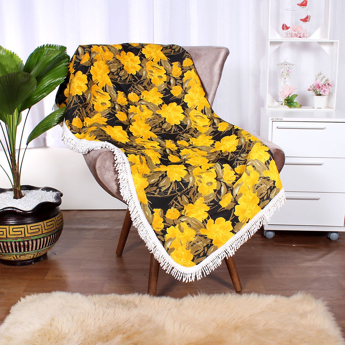 Jogo Manta de Sofá Floral Amarela 1,50m x 1,50m + 3 Almofadas Decorativas 45cm x 45cm com refil-Teci - 2