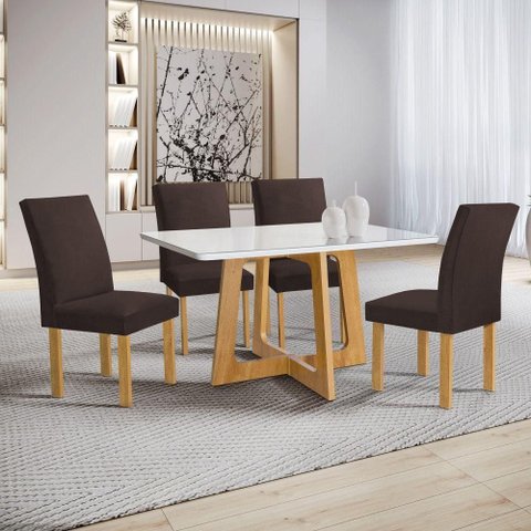 Conjunto de Jantar Arizona 4 Lugares Tampo em Vidro com Cadeiras em Veludo Marrom Cel Móveis