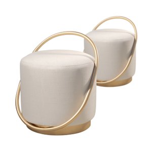 Kit 2 Puffs Redondo Lunar em Linho e Base Metal Dourado Agarb Decor Cor:linho Off