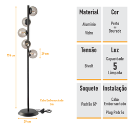 Abajur Coluna Piso Figo Preto com Globo de Vidro Fumê - 3