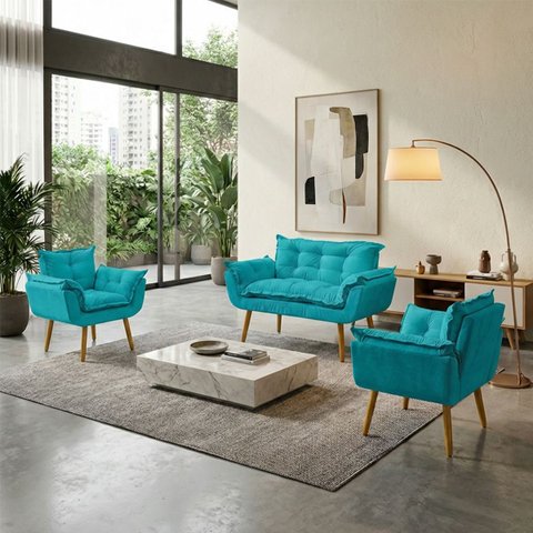Kit Namoradeira Decorativa e 2 Poltronas Confortável para Sala Recepção Manicure Alice Suede