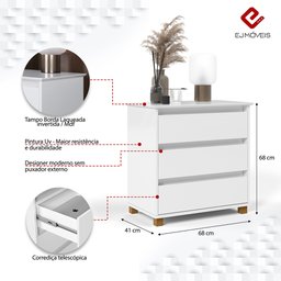 Mini Cômoda 3 Gavetas Base em Madeira Maciça Ej - Branco - 4