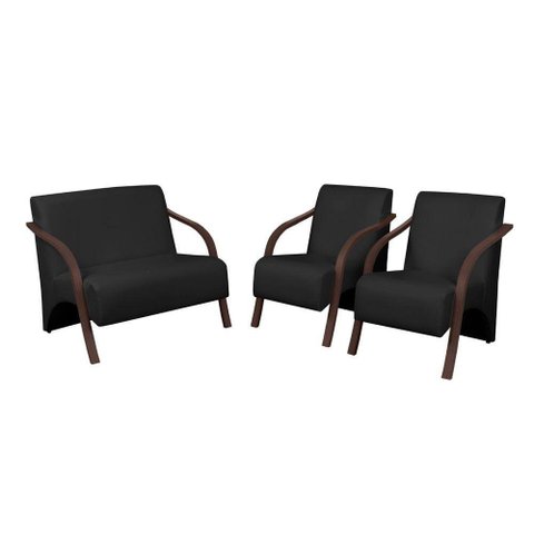 Conjunto Poltronas Vênus Braço Madeira Courino Preto