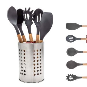 Kit 5 Utensílios De Silicone Cabo Madeira Cinza e Porta Talheres MIX