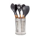 Ver imagem 2 de Kit 5 Utensílios De Silicone Cabo Madeira Cinza e Porta Talheres MIX
