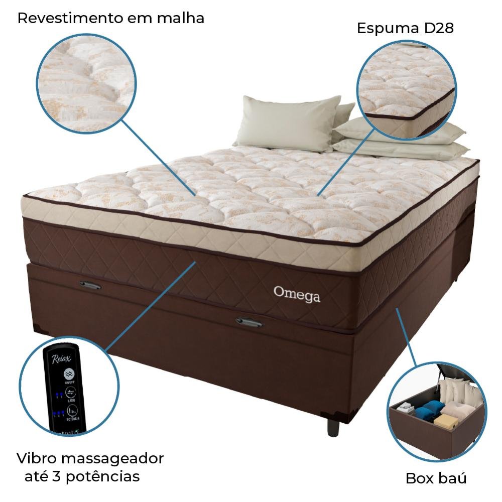 Cama Box Casal Com Baú Colchão Magnético Massageador Omega 138x188x26cm Marrom - 5