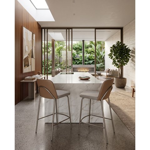 Kit 2 Banquetas Altas Dubai Linho Areia com Courino Caramelo