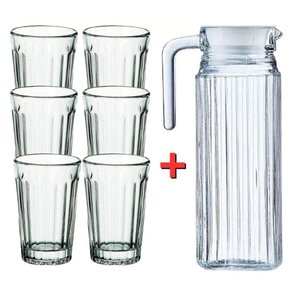 Kit Jarra de Suco de Vidro 1litro + 06 Copos 210ml em Vidro - para Água Suco Chá Gelados - Panami