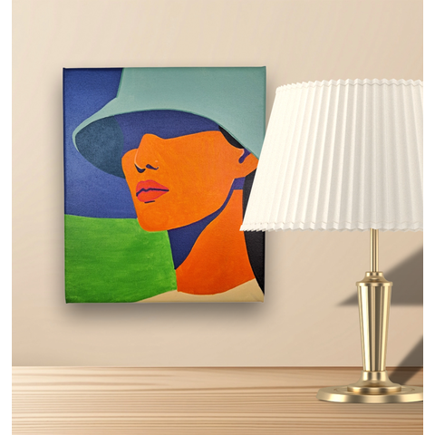 Mini Quadro Bela Jovem de Chapeu Pintado a Mão 30x25cm