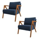 Ver imagem 1 de Kit 2 Poltronas Mona Monique Luxo Base Madeira Maciça Cerejeira Linho Azul