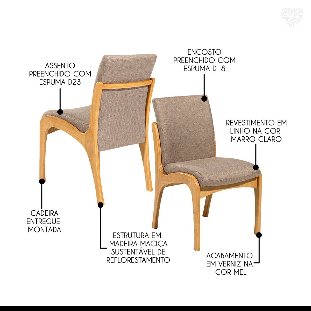 Kit 6 Cadeiras de Jantar Estofada Lisboa Madeira Mel Linho Marrom Claro L87 Rmi - 3