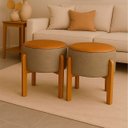 Ver imagem 1 de Kit 2 Puff Banqueta Redondo Zoe Corino Caramelo e Linho Bege Decorativo Base de Madeira - Arkell