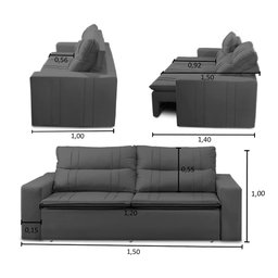 Sofá Retrátil e Reclinável 2 lugares com Molas 1,50m Ester Suede Cinza Adonai Estofados - 3