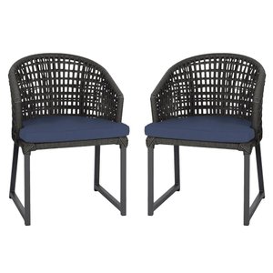 2 Cadeira Noronha Aluminio Micro Pintura Preta, Tr. Telinha Corda Nautica Preta, Estofado - Azul